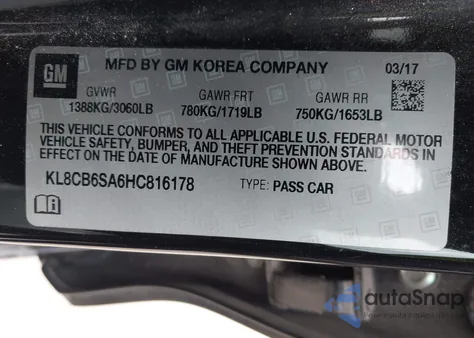 2017 Chevrolet Spark Ls Cvt из США, поврежденный, VIN KL8CB6SA6HC816178